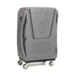 The Metro TX48B-BULKSECG is a large gray, four-wheeled MetroTrux Polymer Bulk Security Linen Truck with a rectangular shape and curved edges. It features a front access door, a flat lid, and side handles.