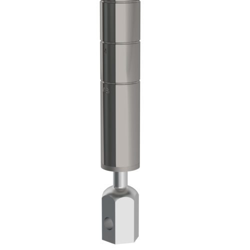 A chrome cylindrical object, 63 tall, with three segments on top and a rectangular base featuring a small circular hole, has a smooth metallic surface that reflects light perfectly. It resembles the Metro SA63P Super Erecta SiteSelect Seismic Shelving Post in design.