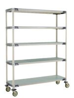 The MetroMax i 5X367EGX3 is a 79.3125 tall industrial plastic shelving unit with a silver frame, featuring five adjustable gray mesh shelves, including a solid bottom shelf. Its mobile on wheels and measures 18 x 60, ensuring simplicity and functionality in design.