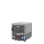 The Metro C533-CXFC-L-GYA C5 3 Series is a gray, insulated holding/proofing cabinet with a full-length clear door and red and blue latch handles, designed for hot/cold transport. It features small wheels for easy mobility and operates at 220-240V.