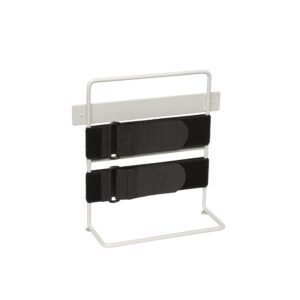 The Metro FL250 Sharps Container Mounting Bracket, designed for Flexline and Lifeline Carts, is a minimalist white metal stand with two horizontal black straps featuring buckles. Its rectangular frame offers functional mounting capabilities seamlessly integrated into any healthcare setting.