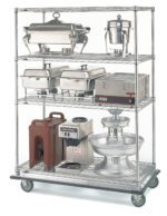 The Metro N556MC Super Erecta 24 x 48 x 70.0625 Dolly Truck Cart efficiently stores and transports catering equipment like chafing dishes and a silver coffee urn with its four robust shelves and wheels for mobility.