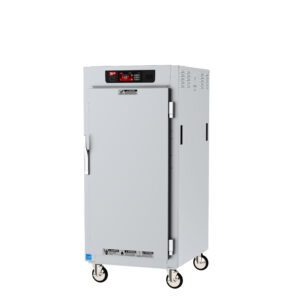 The Metro C587-SFS-UA C5 8 Series Insulated Reach-In Holding Cabinet is a commercial food warmer with wheels, featuring a digital control panel and full-length solid door. It has a metallic gray exterior, ventilation slots, clear labels for easy use, and universal wire slides. Power: 120V, 60Hz, 2000W.