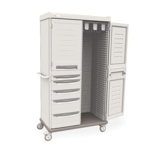 The Metro SXRD76MCATH2 is a sleek, double-wide Starsys Mobile Catheter Storage Cabinet with wheels, featuring a 180-catheter capacity, multiple drawers on the left, open shelves on the right, and handles for easy maneuvering.