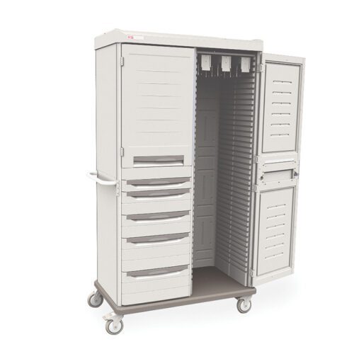 crjhuoxxkm09ux2b6thtmhnduz9hc15k.jpg The Metro SXRD76MCATH2 is a sleek, double-wide Starsys Mobile Catheter Storage Cabinet with wheels, featuring a 180-catheter capacity, multiple drawers on the left, open shelves on the right, and handles for easy maneuvering.
