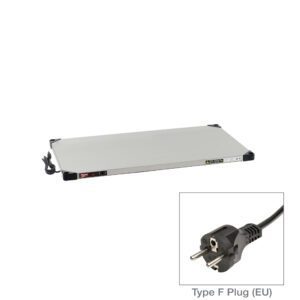 The Metro HSX2442-EU Super Erecta Hot Shelf is a 24 x 42 rectangular heating pad with a Type F plug for 220-240V and 504-600W. It includes a black cord and side control switches, with an inset image showing the Type F plugs two round prongs and black casing.