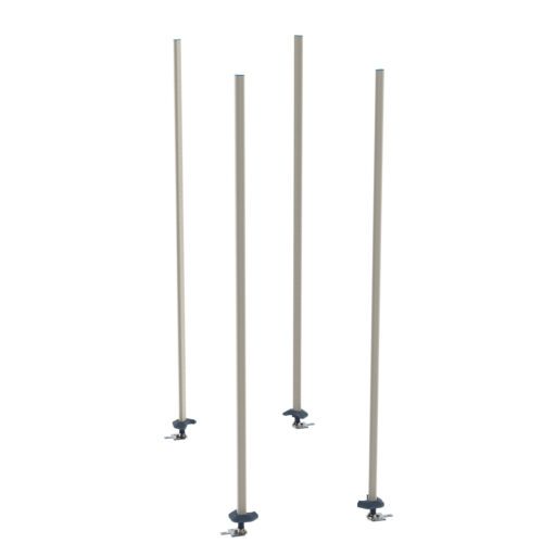Four tall, slender metal poles with round bases and clamps at the bottom stand vertically like those in a Metro BTAX3 qwikTRAK Stationary Intermediate Unit Kit for MetroMax Shelving, featuring evenly spaced polymer posts against a plain white background.
