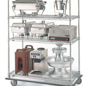 The Metro N566LC Super Erecta Cart, measuring 24 x 60 x 68.4375, is on wheels and displays catering items like chafing dishes, a coffee urn, and a beverage dispenser on its shelves against a simple background.