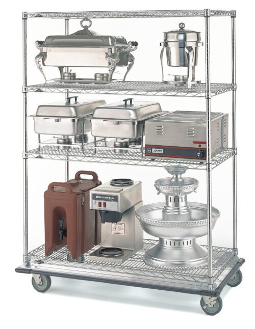 The Metro N566LC Super Erecta Cart, measuring 24 x 60 x 68.4375, is on wheels and displays catering items like chafing dishes, a coffee urn, and a beverage dispenser on its shelves against a simple background.