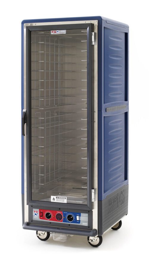 The blue Metro C539-CFC-4-BU C5 3 Series is a wheeled, metal holding/proofing cabinet with a full-height clear door showing empty fixed wire slides. It operates at 120V, 60Hz, and 2000W with bottom-located control knobs.