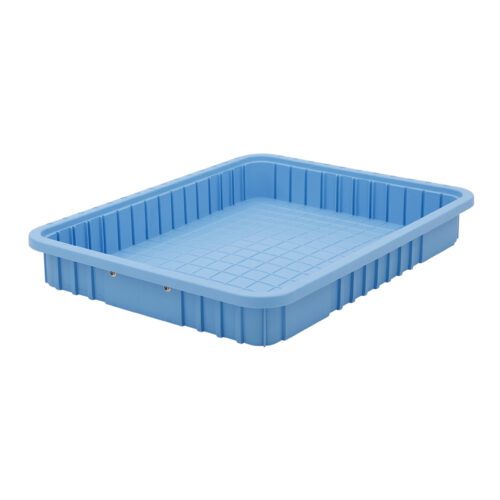 cvf3czyn1tb1zbj70mxj1t6z0s5iv7ev.jpg The Metro TB93030BAS Static Dissipative Polypropylene Tote is a blue, rectangular tray with ribbed detailing and a grid pattern on the bottom, measuring 22.5 x 17.5 x 3, blending style with functionality.