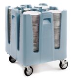 The Metro PCD11A Adjustable Poker Chip Dish Dolly, designed in blue with four compartments, is ideal for stacking white plates. Its wheels provide easy mobility, making it perfect for restaurants or catering settings.