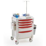 The Metro FLXIV Flexline Phlebotomy Cart, featuring wheels for easy mobility, comes with red drawers, an IV pole, test tubes on top, a glove box, and an attached waste bin, making it ideal for medical environments.