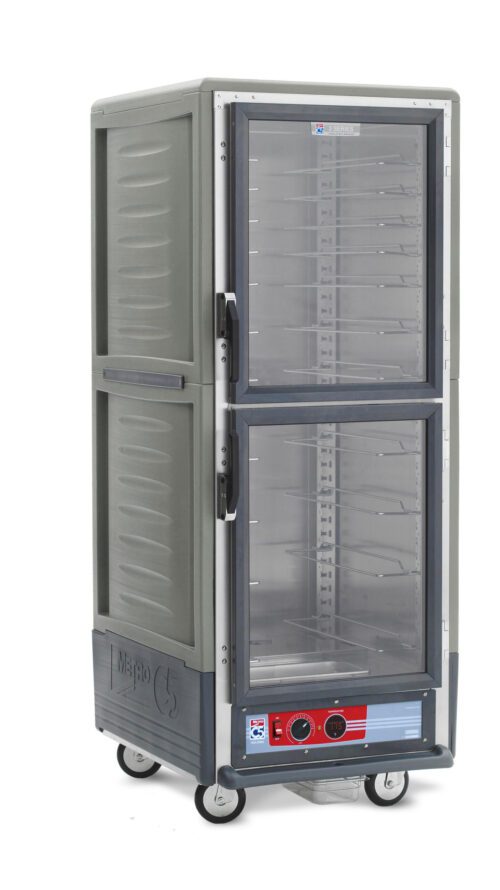 cy30rk0fbr8ulhbimujr265ui19tgfh9.jpg The gray Metro C539-HLDC-U-GYA C5 3 Series Insulated Holding Cabinet, with Dutch Clear Doors and universal wire slides, is full-height and mobile. It features a control panel at the base and multiple shelves, operating efficiently at 120V and 60Hz.