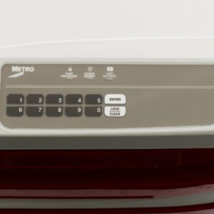 The Metro FLX412 Flexline Basic Keyless Entry Touchpad with Auto Lock features a sleek gray and white panel, keypad with numbers 0-9, Enter, Lock, Clear buttons, and indicators for Cart Unlocked, Access Denied, and Low Battery.