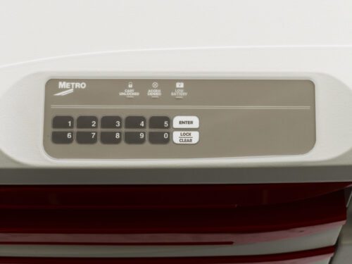 The Metro FLX412 Flexline Basic Keyless Entry Touchpad with Auto Lock features a sleek gray and white panel, keypad with numbers 0-9, Enter, Lock, Clear buttons, and indicators for Cart Unlocked, Access Denied, and Low Battery.