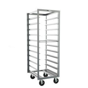 The Metro RF23N Roll-In Refrigerator Pan Racks, measuring 21.375 x 26 x 64.75, feature a versatile and sleek design with multiple horizontal shelves, open sides, and four large black wheels for mobility, perfect against a white backdrop with a 5 slide spacing.
