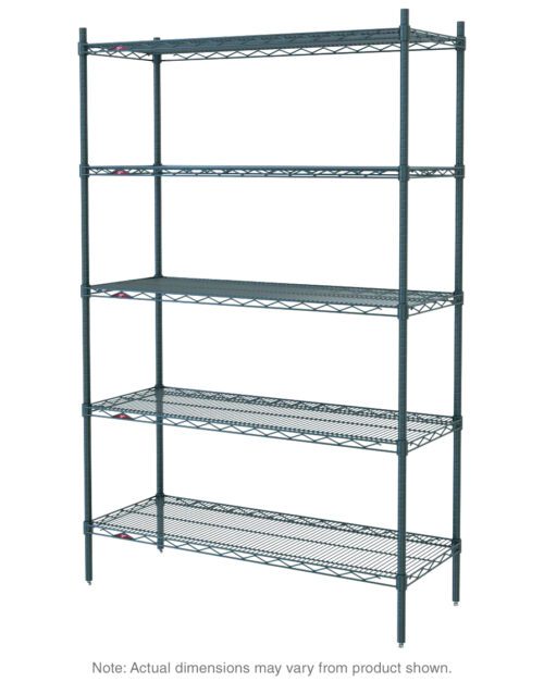 The Metro 5N567K3 Super Erecta Shelving Unit, coated in Metroseal Green Epoxy, features five adjustable wire shelves on a sturdy frame, measuring approximately 24 x 60 x 74.