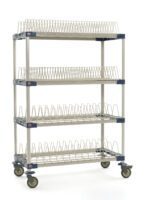 Introducing the MetroMax 4 MAX4-PR48VX4, a mobile drying rack with four tiers and blue brackets on a silver structure, measuring 26 x 50 x 68. It includes two tray racks, two pan racks, and wire slots for plates. Perfect for mobility and convenient storage.