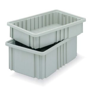 Two light gray Metro TB92035NAT-LX Lodgix 3 (76mm) large capacity totes, featuring ribbed sides, square corners, and slightly indented bottoms, are stacked inside each other against a plain white background.