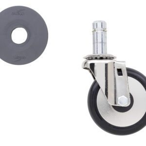 A single black and silver caster wheel, compatible with Metro 4LD 4 Resilient Rubber Swivel Stem Caster for Super Erecta Racks, has a metal bracket on the right and a separate left black circular component with a central hole.