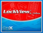 A red and blue graphic with keypad outlines showcases LockView 5 text, featuring the CompX Security Products logo in the bottom left, highlighting compatibility with the Metro FLX424 Flexline Cart Management System Software Single License.