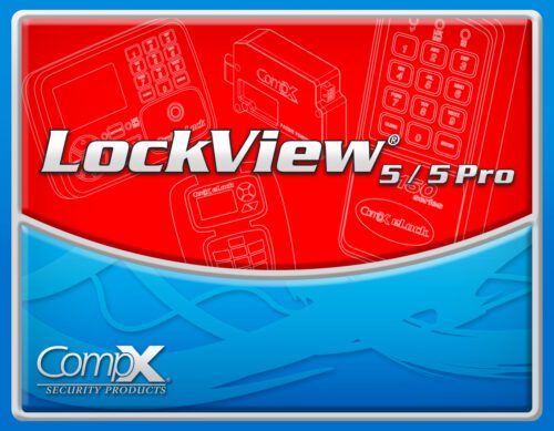 A red and blue graphic with keypad outlines showcases LockView 5 text, featuring the CompX Security Products logo in the bottom left, highlighting compatibility with the Metro FLX424 Flexline Cart Management System Software Single License.