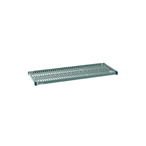 The Metro Super Erecta Pro PR1848NK3, an 18 x 48 green metal shelf, is ideal for industrial use with a ventilated grid pattern and removable plastic mat for heavy-duty applications.