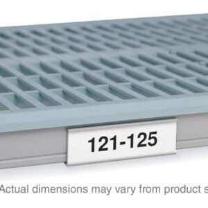 The light gray slotted shelving unit features a white Metro 9989X5 Label Holder for MetroMax i, displaying 121-125. It notes, Actual dimensions may vary from product shown, with a length of 35.28125 inches.