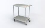 The Metro MY1627-24G myCart Series 2-Shelf Utility Cart, available in gray and measuring 16 x 27, is displayed on a white background. It features two tiers, a handle, four caster wheels, and a small red label in one corner.