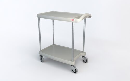 d9hbvy4bg7hlet8fxntmrubz8i525hml.jpg The Metro MY1627-24G myCart Series 2-Shelf Utility Cart, available in gray and measuring 16 x 27, is displayed on a white background. It features two tiers, a handle, four caster wheels, and a small red label in one corner.
