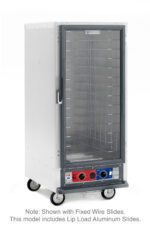 The Metro C517-CXFC-LA C5 1 Series is a 3/4 height warming cabinet with a glass front, wire racks, and lip load aluminum slides for convenience. Designed for mobility with four wheels, it operates at 220-240V, 50/60Hz (1681-2000W).