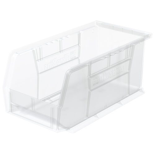 db7vpb4qyrfvyffu0vzypmm9aias8u3j.jpg The Metro MB30230CLSH Stacking/Hanging Supply Bin, Clear, 10.8 x 5.5 x 5, features a clear rectangular design with an open front and embossed branding on the side, ideal for organizing and displaying stored items.