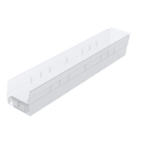 The Metro MB30124CLN Nesting Shelf Bin is a clear, rectangular plastic piece measuring 23.6 x 4.12 x 4. It has a tapered design with parallel ridges and an open top, ideal for drainage.