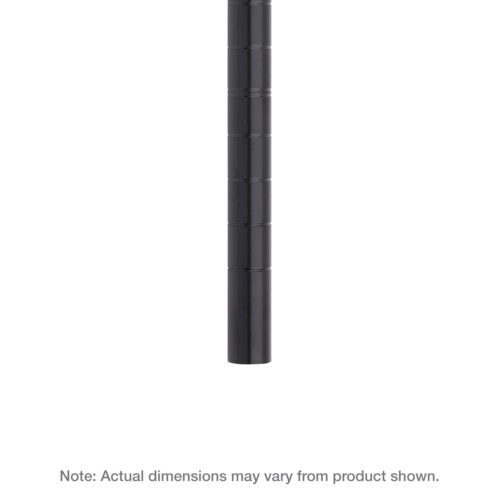 dcumqlxj798nojl5mpdsw2vkoiddtc6x.jpg The Metro 74 H Super Erecta SiteSelect Mobile-Ready Industrial Wire Shelving Post in sleek black has a telescopic design. Its matte finish creates an elegant contrast against the white background, with a note stating, Actual dimensions may vary.