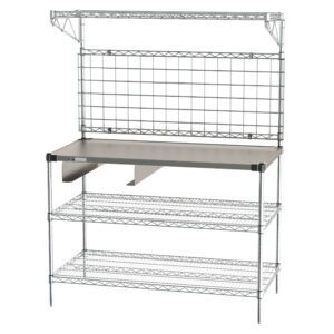 The Metro CR2448GDT Drive-Thru Workstation, 24 x 48, features a metal wire shelving unit with a work surface, upper shelf, three lower shelves, grid back, and cash drawer bracket. Its sturdy design and metallic finish make it ideal for efficient storage and organization.