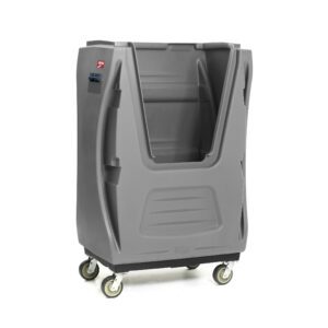 The Metro TX48B-BULKG MetroTrux Polymer Bulk Linen Truck is a large gray laundry cart on wheels with a durable plastic build, open top, and curved sides for easy access to transport linens efficiently.