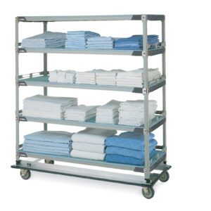 The Metro LXH56CX3 MetroMax Linen Exchange/Transport Cart holds towels in blue and white shades on four shelves, organized in stacks folded both lengthwise and widthwise.