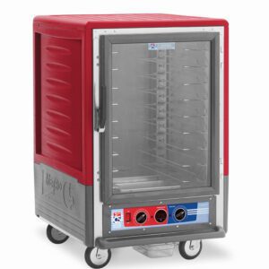 The Metro C535-MXFC-U cabinet is a red 1/2 height insulated heated holding/proofing unit with a clear full-length door, universal wire slides, and bottom control knobs. Its mounted on wheels and operates at 220-240V, 50/60Hz, providing 1681-2000W of power.