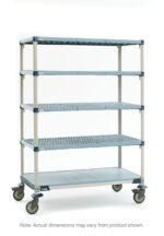 The MetroMax Q 5Q367EG3 is a tall mobile cart with five adjustable perforated shelves and a solid bottom shelf for durability. It comes in blue and silver, measures 18 x 60 x 80, and includes wheels for easy mobility. Note: Actual dimensions may vary from product shown.