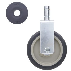 The image displays a 6 Metro 6MPR polyurethane rigid stem caster with a gray metal bracket and black rubber tire, plus a separate round black rubber insert. Suitable for Super Erecta industrial wire shelving racks, it ensures stability and durability.