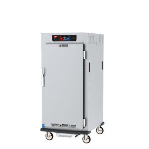 The Metro C597X-SFS-UA C5 9 Series Cabinet is a 3/4 height, stainless steel warming unit with a digital display, full-length solid door with left-side handle, and four caster wheels. It ensures easy mobility and controlled humidity for ideal heated holding and proofing.