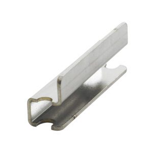 A metal channel with a C-shaped profile, similar to the Metro DD3722A Single Bin Holder for SmartWall Shelving Grids, features a reflective surface and is set against a white background.