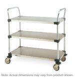 Introducing the Metro MW205 MW Series Utility Cart, boasting three stainless steel shelves, four caster wheels, dimensions of 18 x 36 x 38, two handles, and black corner supports. Note: Actual dimensions may vary.