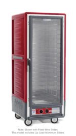 The Metro C539-HLFC-LA C5 3 Series Insulated Holding Cabinet, in red, features a full-height, full-length clear door, metal shelves on Lip Load Aluminum Slides, wheels for mobility, and bottom temperature controls; operates on 120V with a power of 1440W.