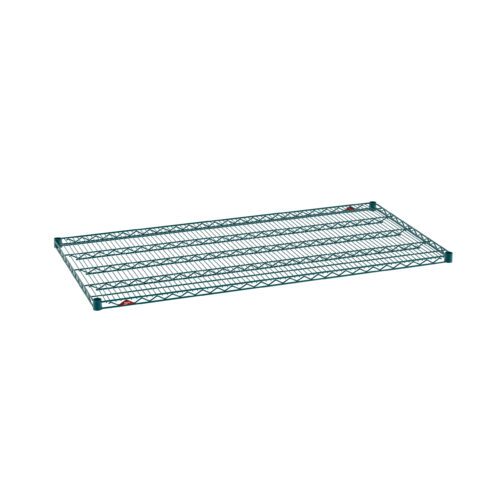The Metro Super Erecta 3060NK3 Industrial Wire Shelf, featuring a sturdy grid design and reinforced sides, measures 30 x 60. Its finished in Metroseal Green Epoxy and is ideal for organizing, elegantly isolated against a plain white background.