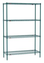 The Metro EZ1848NK3-4 Super Erecta Shelving Pak in Metroseal Green Epoxy, measuring 18 x 48 x 74, features four evenly spaced wire shelves and adjustable red clips on vertical poles, standing empty against a white background.