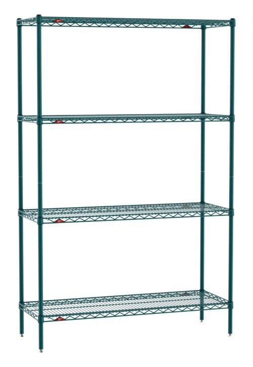 The Metro EZ1848NK3-4 Super Erecta Shelving Pak in Metroseal Green Epoxy, measuring 18 x 48 x 74, features four evenly spaced wire shelves and adjustable red clips on vertical poles, standing empty against a white background.