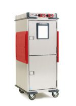 The Metro C5T9DX-ASLA T-Series Heated Transport Cabinet, full height with Dutch solid doors and adjustable lip load slides, features control dials and four caster wheels for mobility, operating at 220-240V and 1176-1400W.