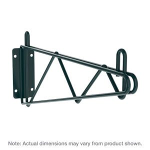The Metro 1WD14K3 Super Erecta Direct Wall Mount Single Shelf Bracket features a triangular support frame and prongs for holding bikes. Its Metroseal Green Epoxy adds a black hue that matches any decor. Note: Actual dimensions may vary from product shown.